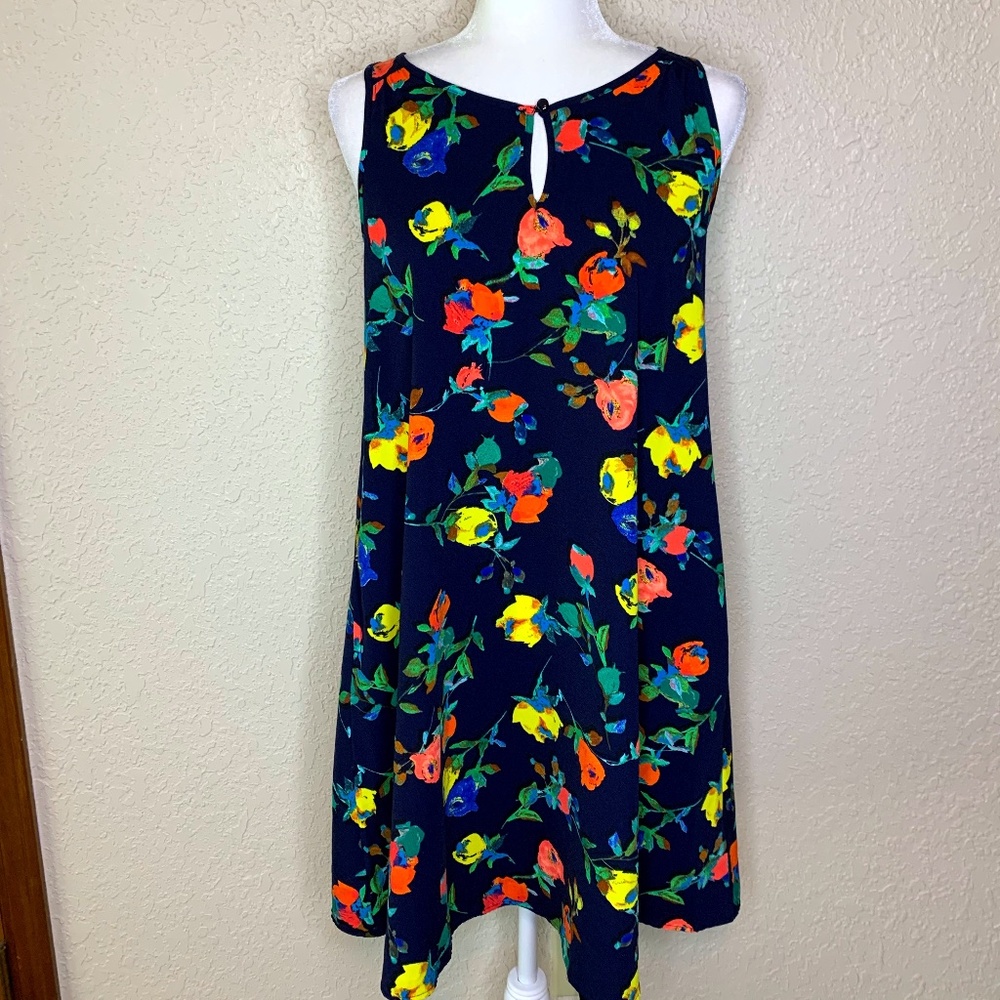 Merona Navy Blue Coral Yellow Floral Sleeveless Dress Garden Girl Women's Size…